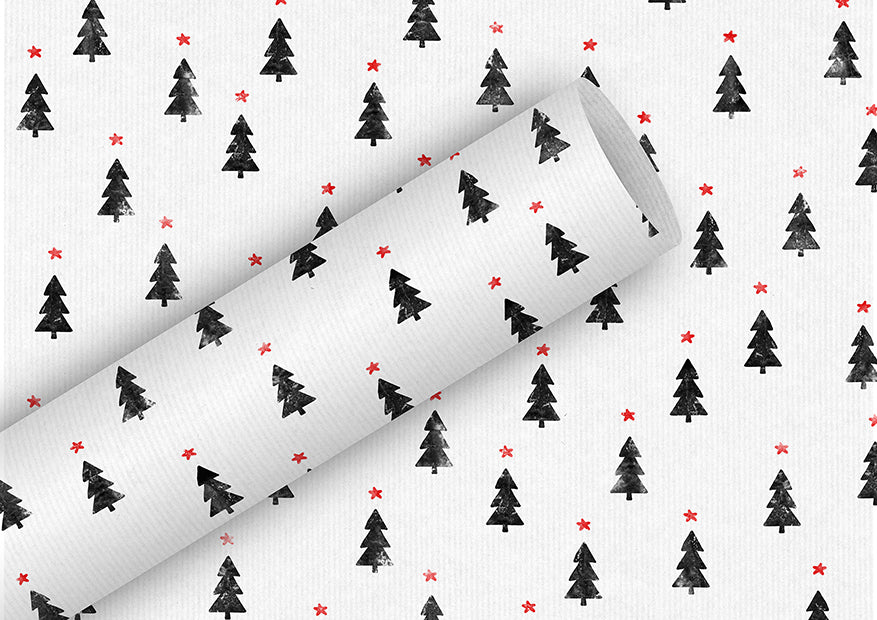 Braun + Company Geschenkpapier – Tiny Trees, Weihnachten – Papier, 70 g/m² – 700 × 2000 mm – Schwarz/Rot