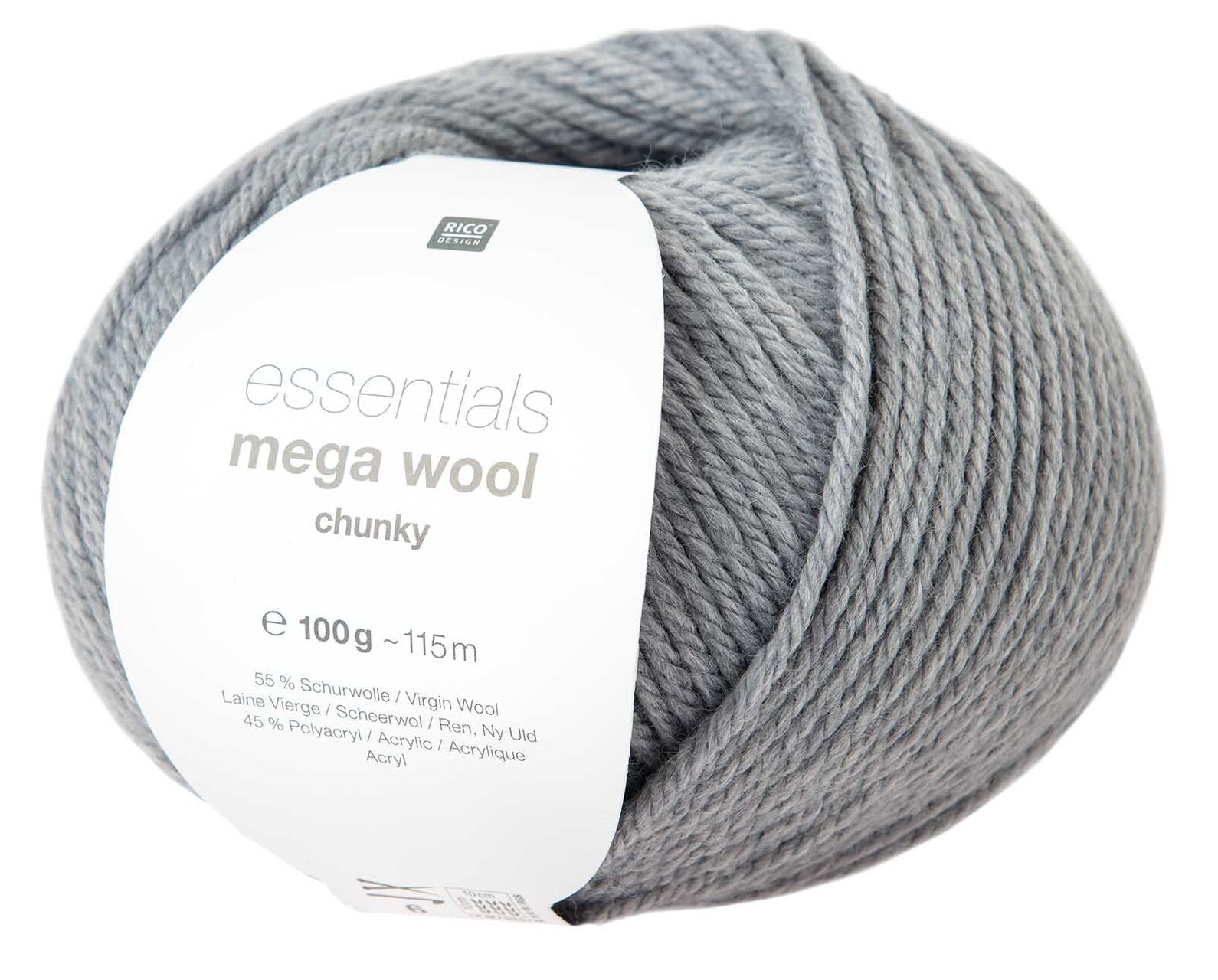 Rico Design Essentials Mega Wool Chunky Wolle Hellgrau – 100 g, 125 m, 55% Schurwolle/45% Polyacryl, Nadel 6 mm