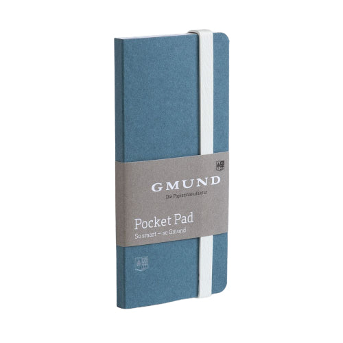 Gmund Notizblock – 67 × 138 mm – blanko – 100 Blatt – 120 g/m², Gummiband, Einsteckfach, blau