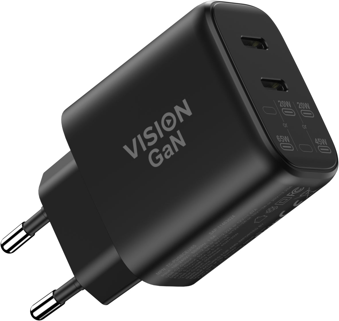 Vision TC-PUSBCEU/65 USB-Ladegerät 65 W – USB-C×2 – PPS, GaN – EU-Stecker (Typ C) – Schwarz