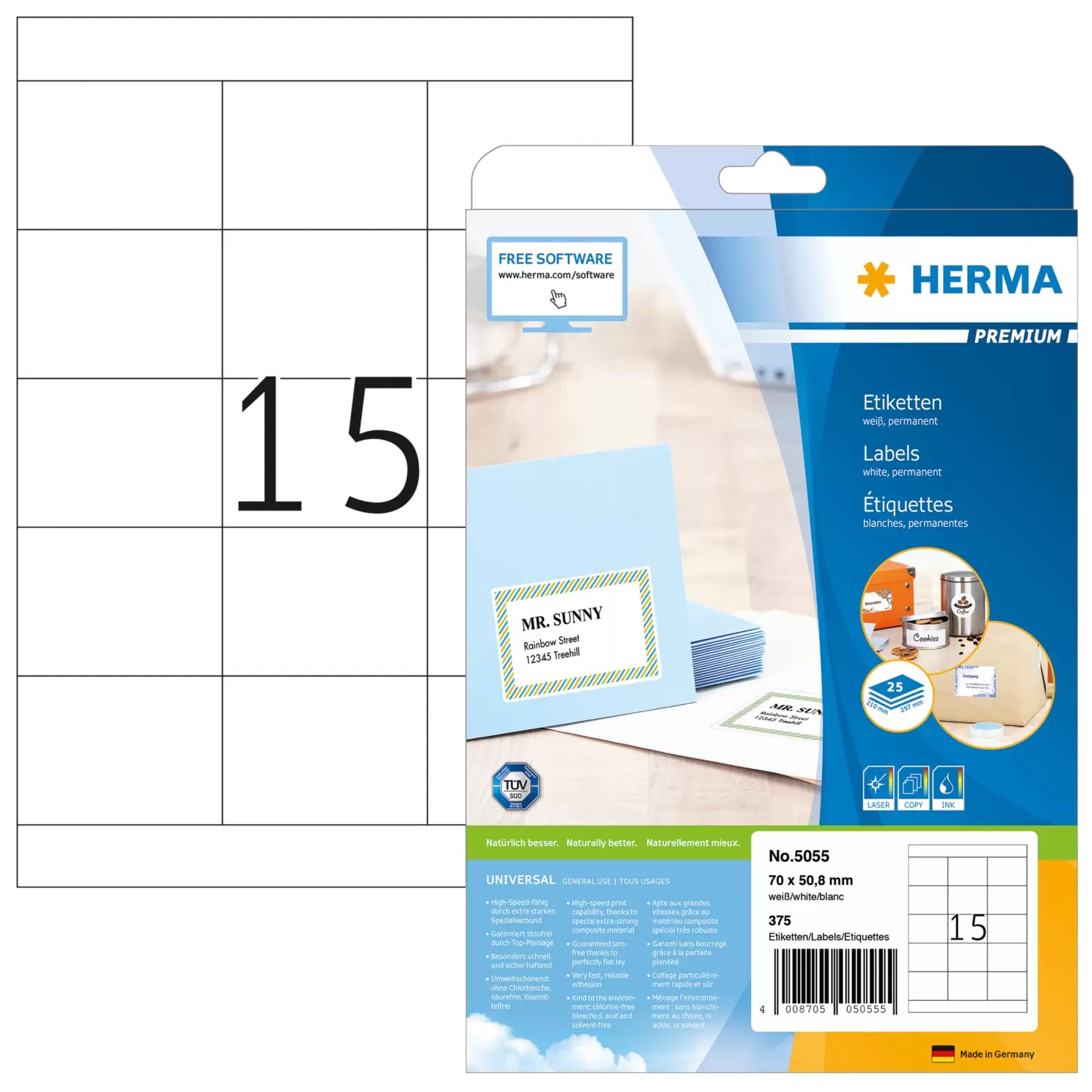 HERMA Blattetiketten, 70 mm × 51 mm, weiss, Papier, permanent, 25 Blatt (375 Etiketten)