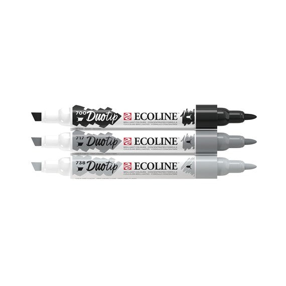Talens Ecoline Duotip Filzstifte, Doppelspitze – Keil/Rund, wasservermalbar, 3 Farben