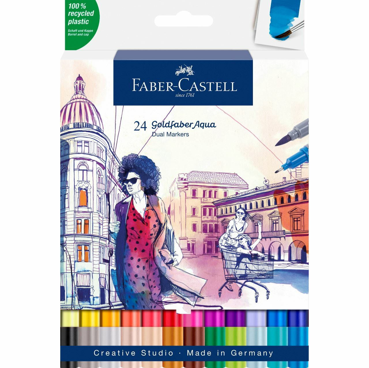 Faber-Castell Goldfaber Aqua Aquarellmarker – Doppelspitze, Pinsel + 0,4 mm, wasservermalbar, 24 Farben