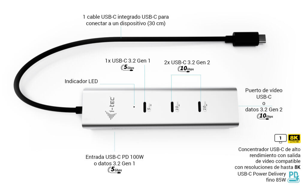 i-tec USB-Hub – USB-C, USB-C Video 8K, 85 W PD, für Windows/Mac/ChromeOS