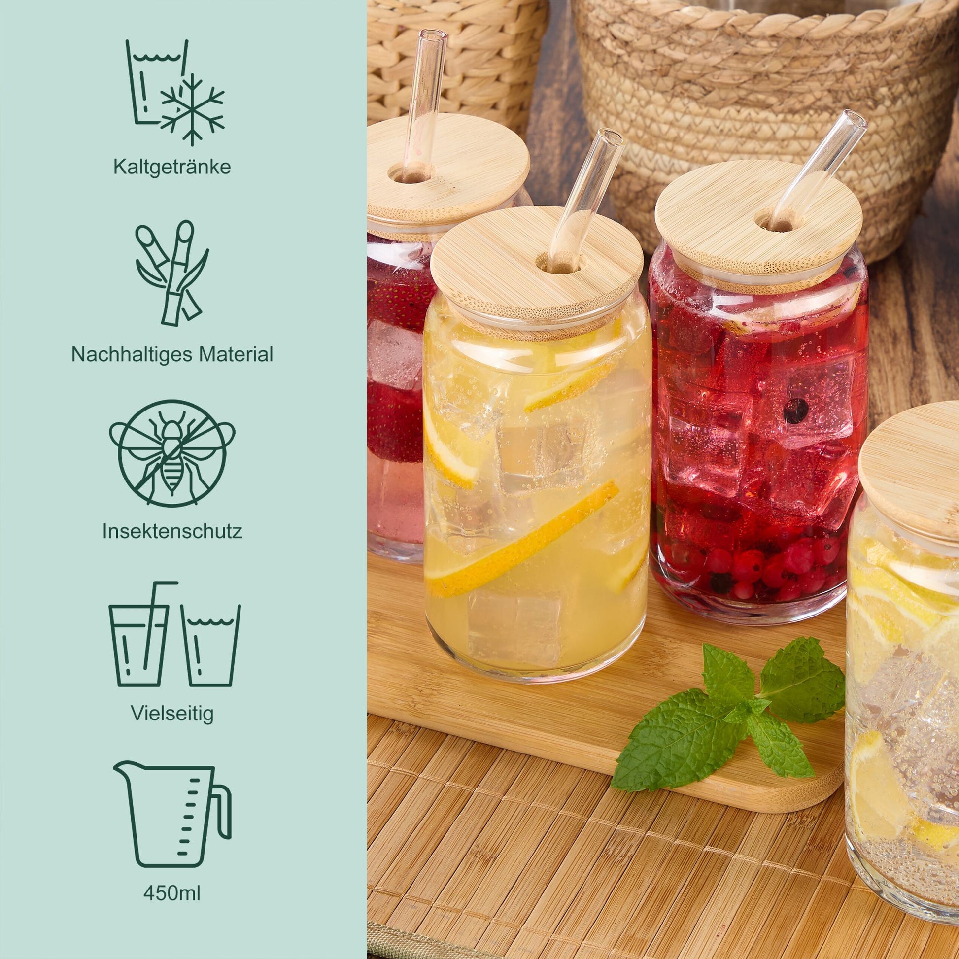 Relaxdays Trinkgläser – 4er Set, 450 ml, H 14,0 cm, Glas, Hellbraun, mit Deckel, inkl. Strohhalm