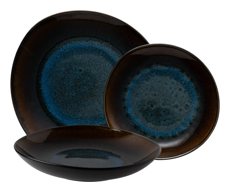Lunasol Elements Amber Eye Organic Teller – 12-teiliges Set, Ø 27/25/21 cm, Steinzeug, Blau, spülmaschinenfest