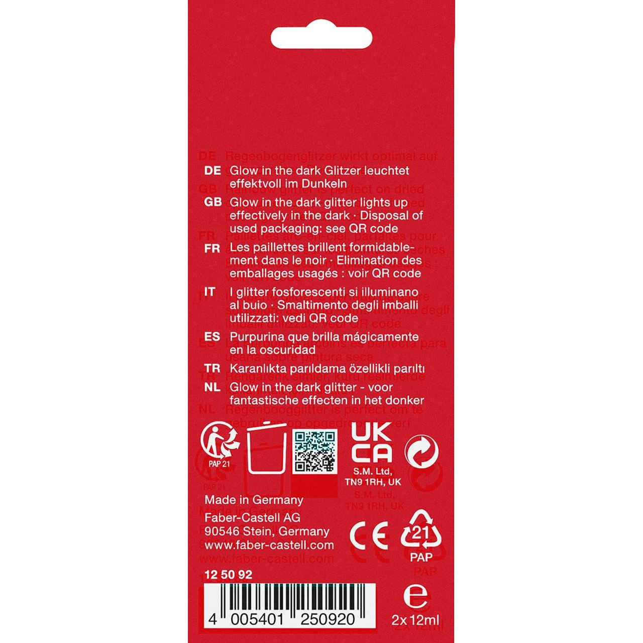 Faber-Castell Glitzergel – Mehrfarbig, Glitzer, Leuchtet im Dunkeln – 2 Tuben 2×12 ml (24 ml)