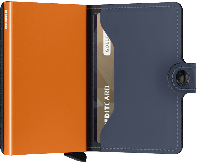 Secrid Miniwallet – RFID-Schutz – 65×102×21 mm, für 10 Karten – Mattes Nachtblau/Orange – Leder
