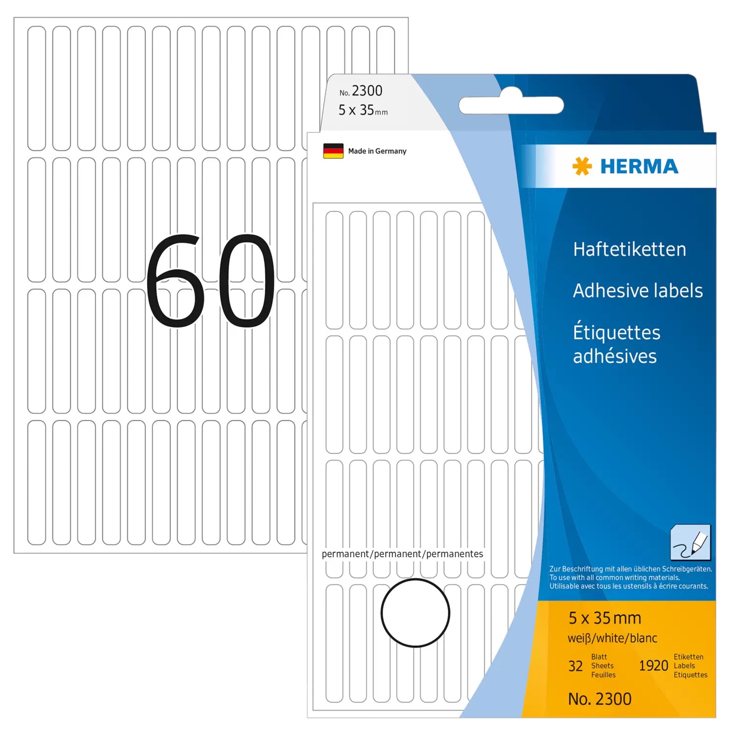 HERMA Haftetiketten – rechteckig 5 × 35 mm, stark haftend, weiss, 32 Blatt (1'920 Stk.)