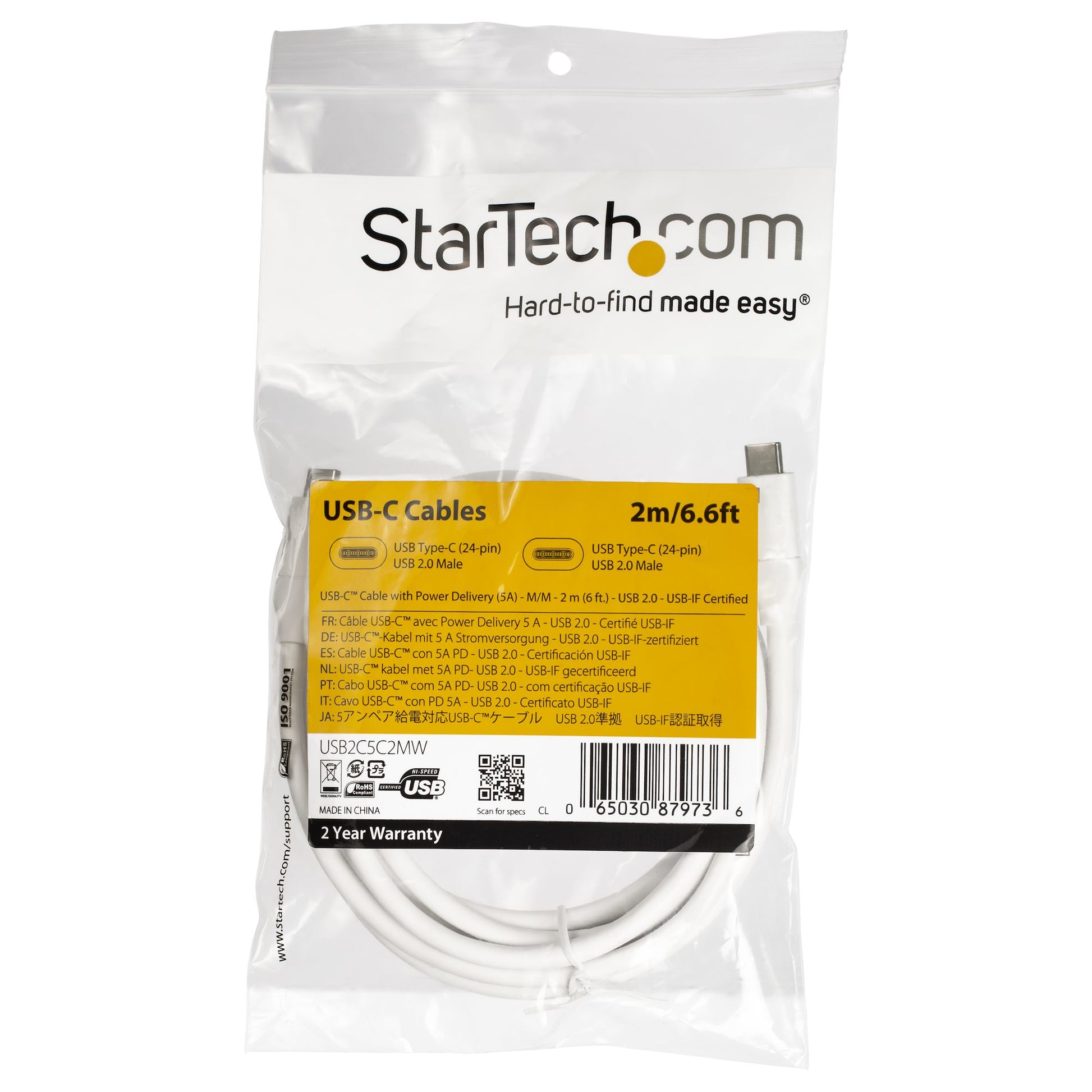 StarTech.com USB-C auf USB-C Kabel – USB 2.0 (480 Mbit/s) – 2 m – PD 100 W – USB-IF zertifiziert – Weiss