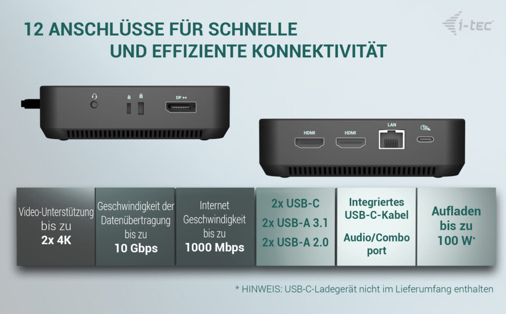 i-tec Dockingstation – USB-C, 1× DP, 2× HDMI, 5× USB-A, 100 W PD, GbE, 3,5 mm Audio, für Windows/Mac/Linux