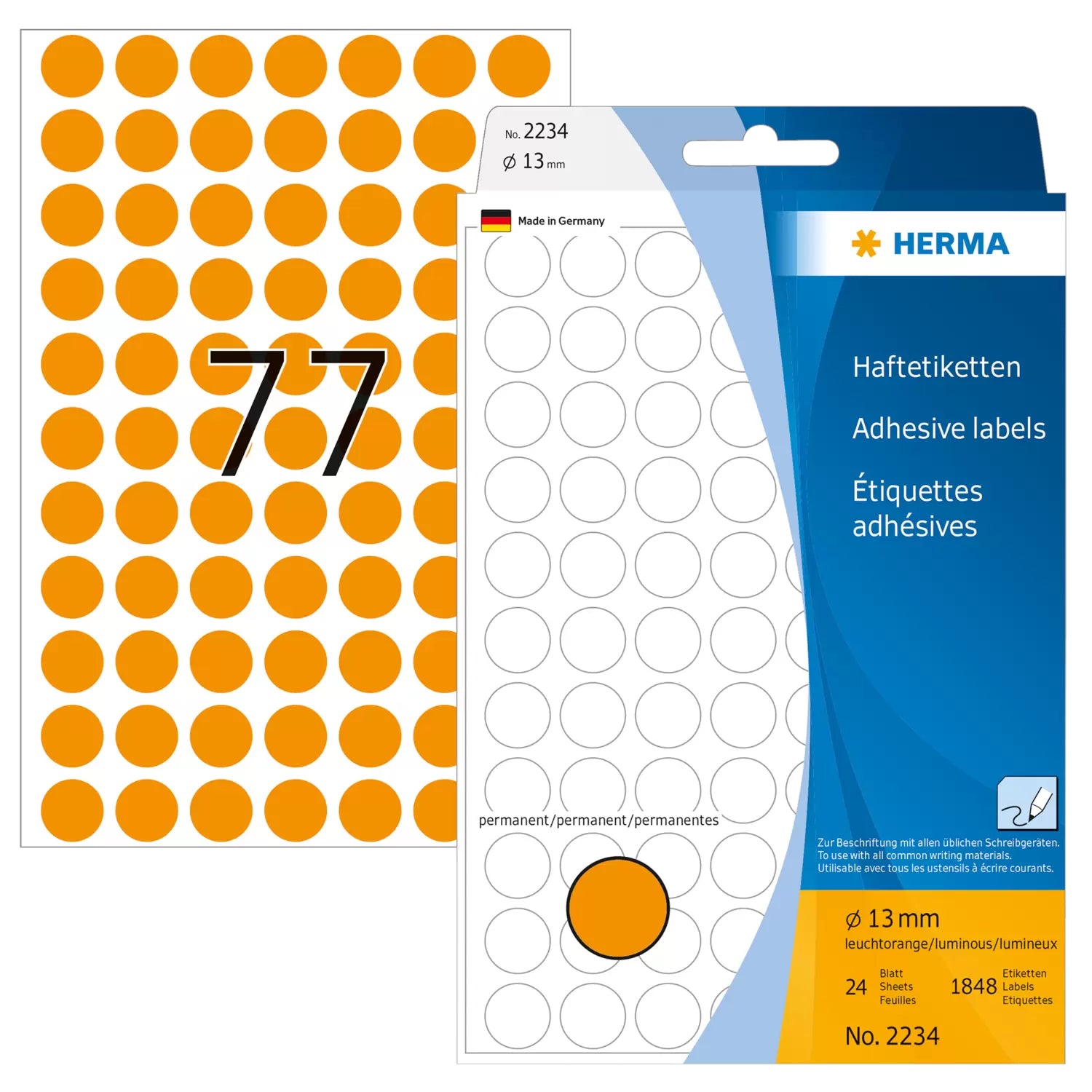 HERMA Haftetiketten – rund Ø 13 mm, stark haftend, leuchtorange, 24 Blatt (1'848 Stk.)