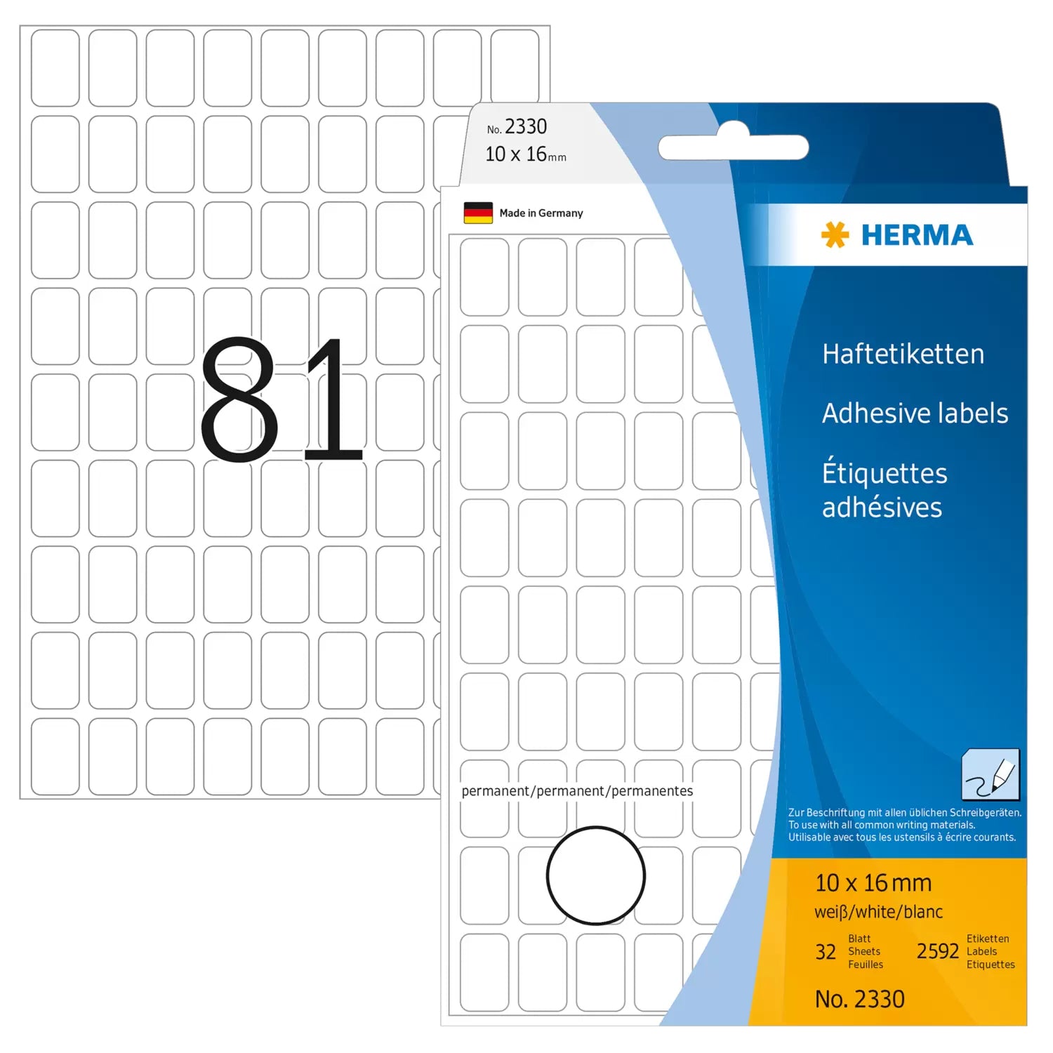 HERMA Haftetiketten – rechteckig 10 × 16 mm, abgerundete Ecken, stark haftend, weiss, 32 Blatt (2'592 Stk.)