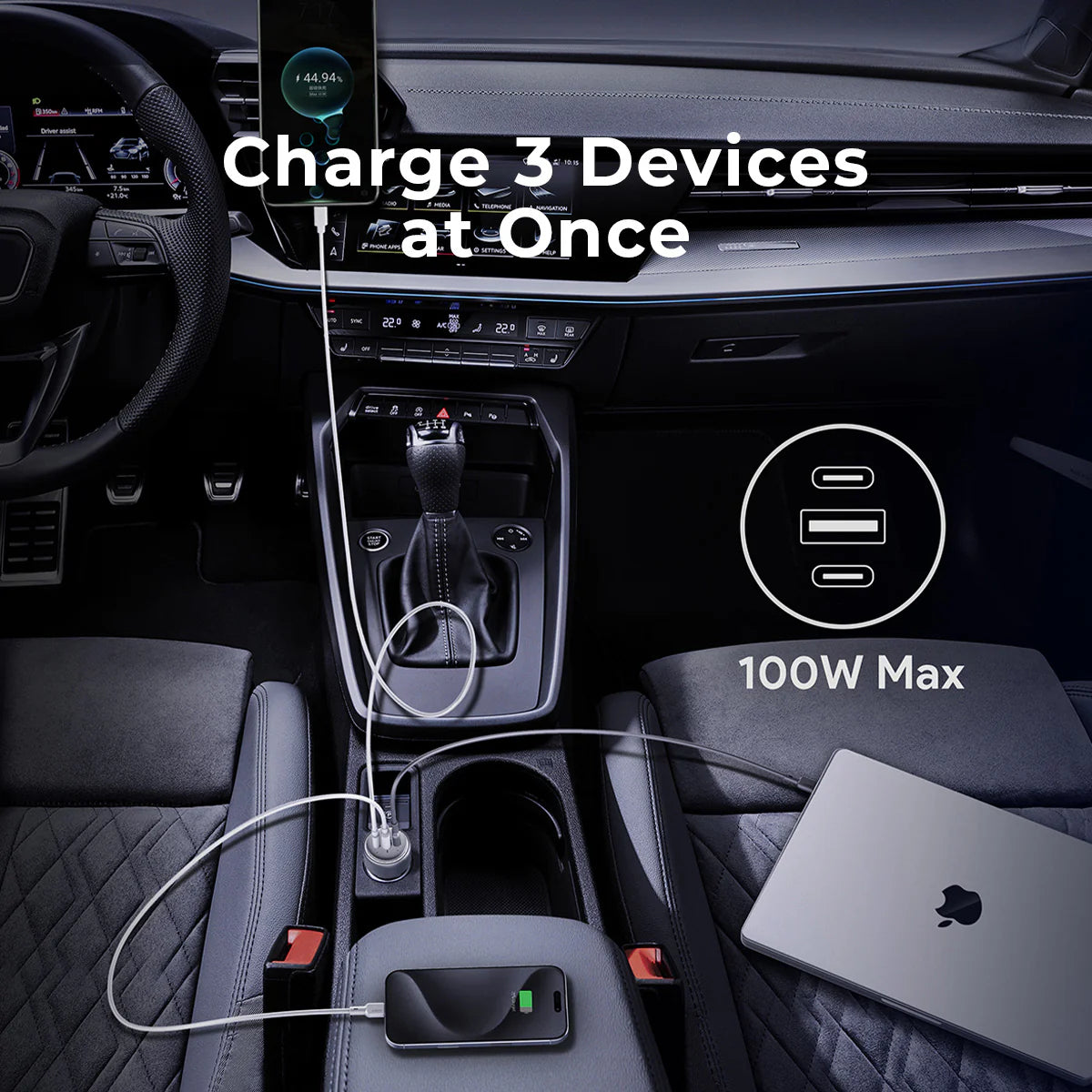 AUKEY Pathfinder CC-P3 Auto-Ladegerät 100 W – USB-C×2, USB-A×1 – PD, PPS – für Zigarettenanzünder – Schwarz