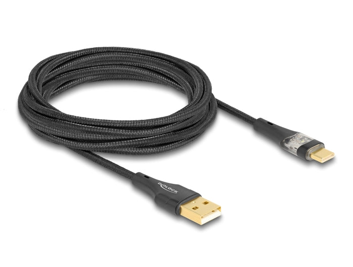DeLOCK USB-A auf USB-C Kabel – USB 2.0 (480 Mbit/s) – 3 m – PD 60 W – Textilmantel, leuchtend – Schwarz