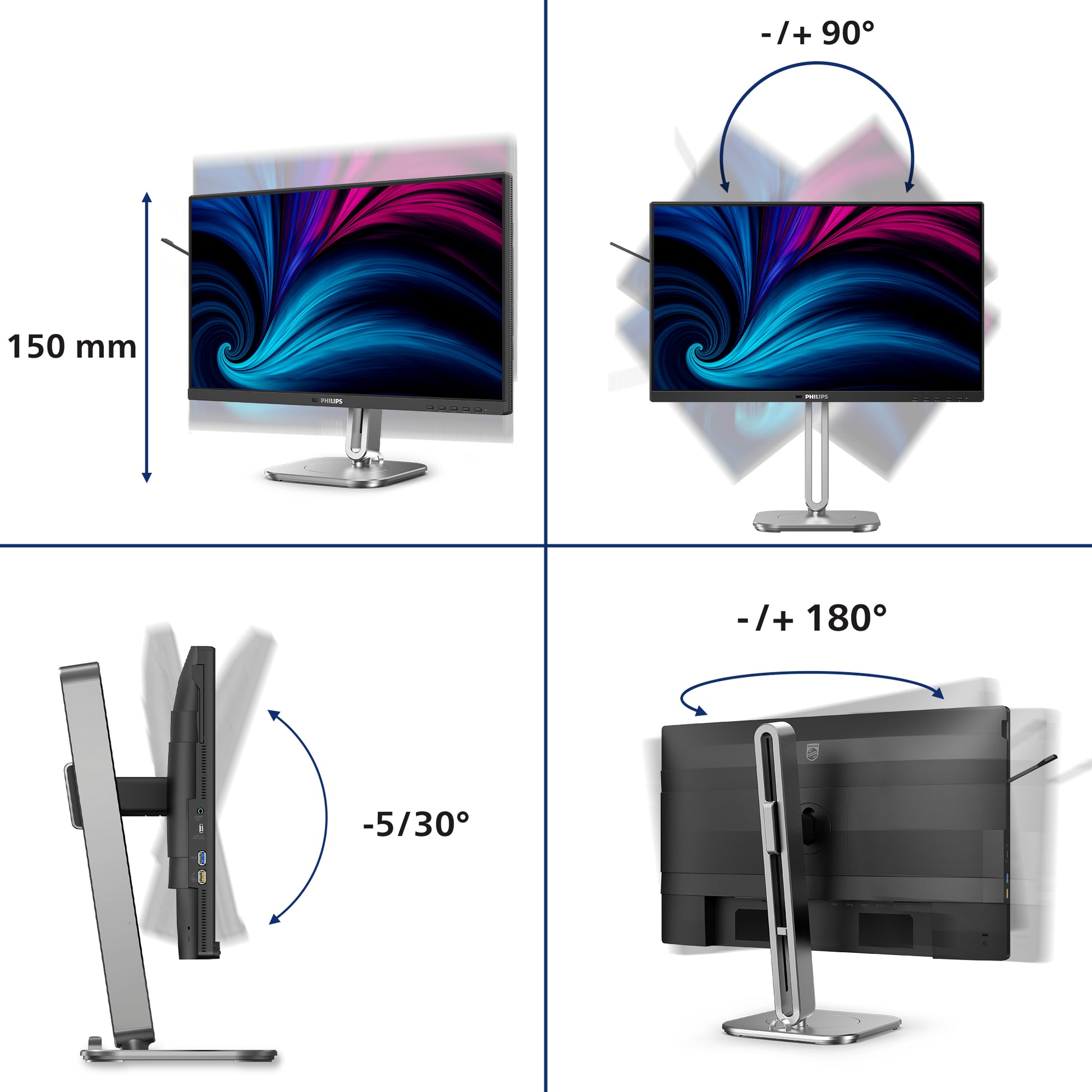 Philips 24B2U4301/00 – Monitor, 23,8", 300 cd/m², höhenverstellbar, USB-Hub, Lautsprecher, Daisy Chain, Grau