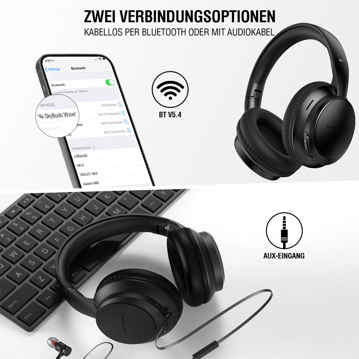4smarts SkyBuds Wave Over-Ear Kopfhörer – Stereo, Kabel + BT, 3,5 mm Klinke, USB-C, Schwarz, BT 5.4