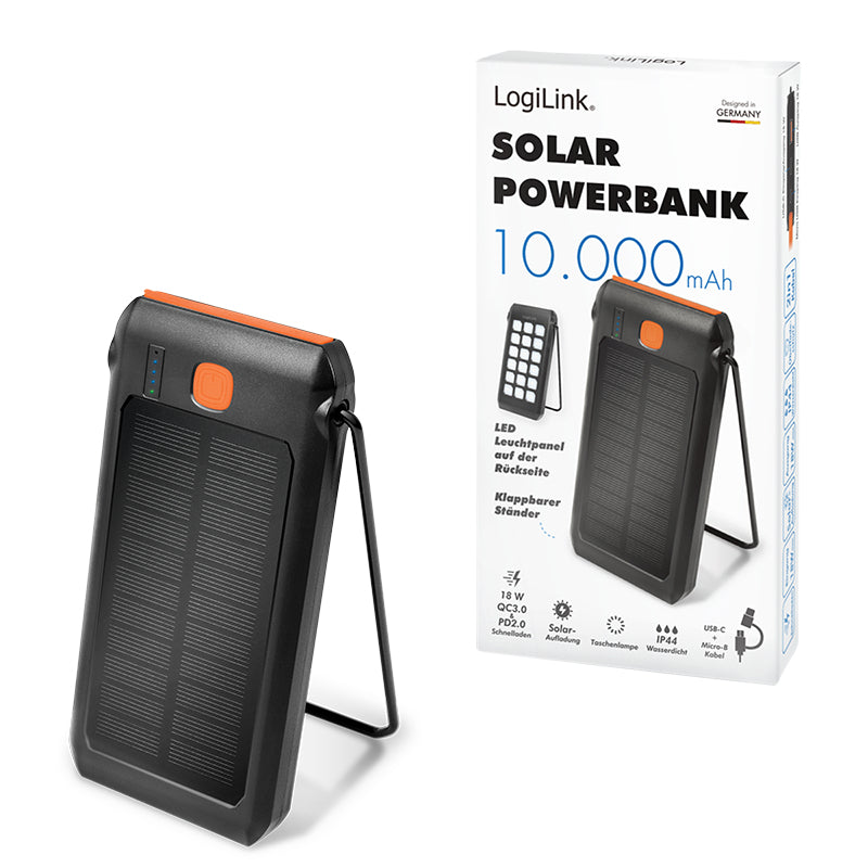 LogiLink Solar-Powerbank 10'000 mAh – 18 W PD, 1× USB-C, 1× USB-A, IP44, Schwarz