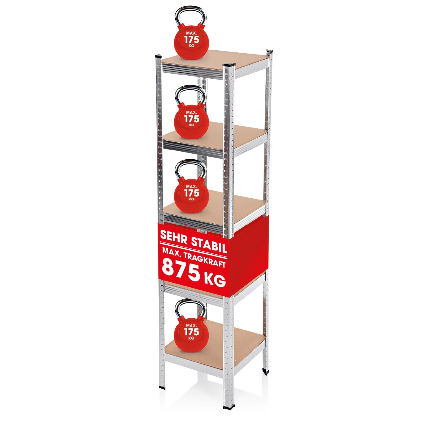 EASYmaxx Regal – Metall/MDF, Grau, 40 × 180 × 40 cm, 5 Tablare, Traglast 175 kg pro Tablar