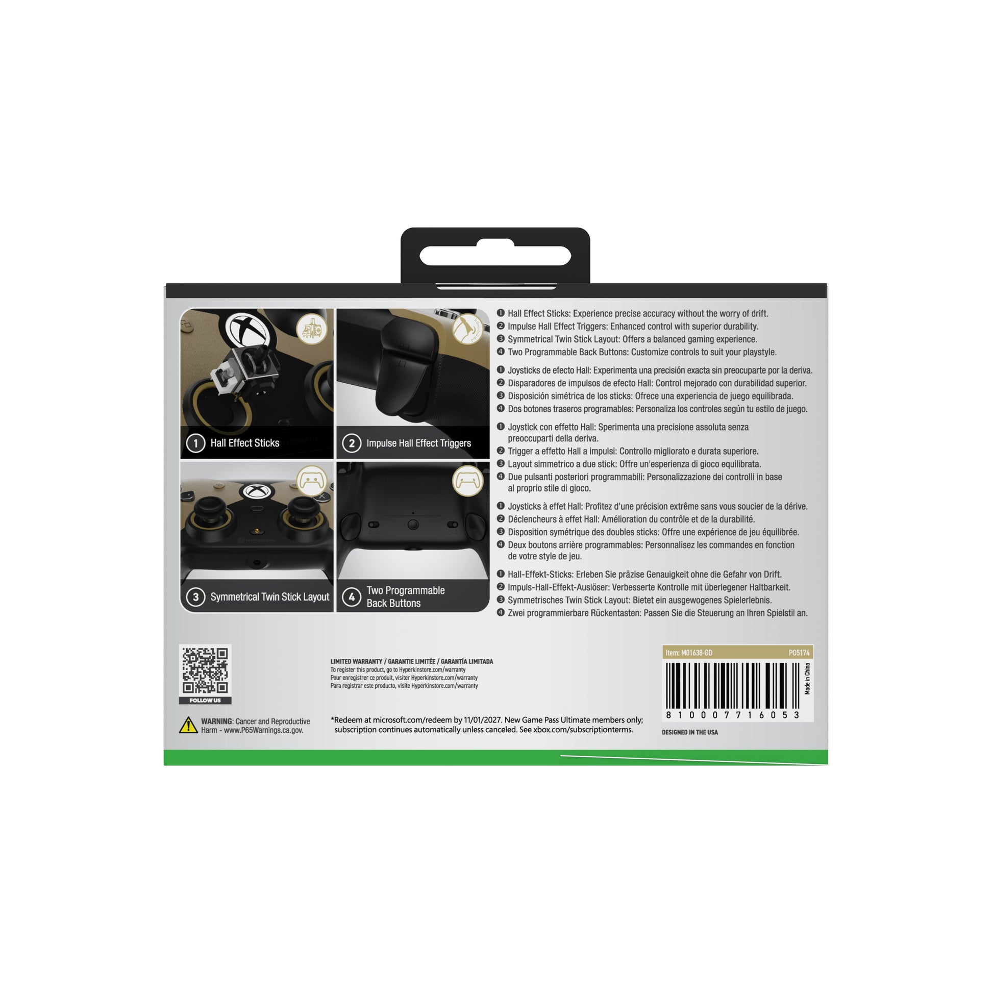 Hyperkin Competitor M01638-GD – Gamepad – Kabelgebunden (USB-C), Vibration, Gold, Schwarz
