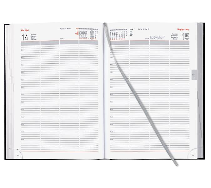 Biella Quattro Agenda – 1 Tag pro Seite, gebunden, A4, 2026, 1-Stunden-Takt, mehrsprachig, schwarz, FSC