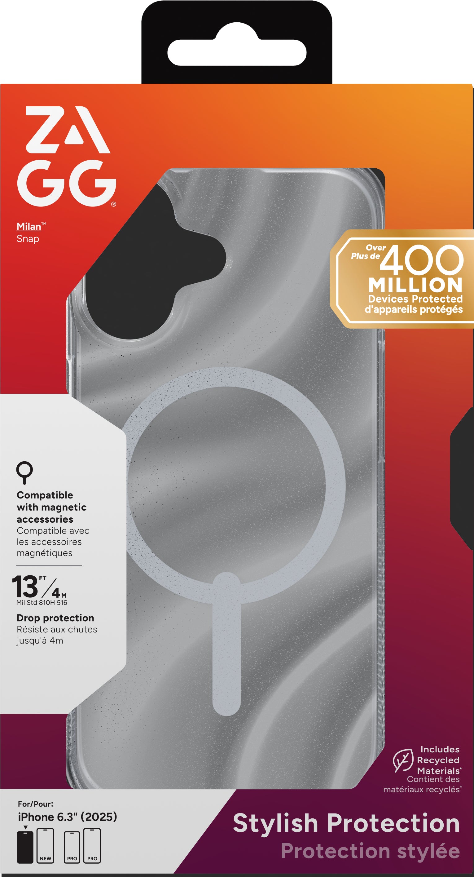 ZAGG Milan Snap Backcover – für Apple iPhone 17, Graphen, Silber, Bryce Glitter Swirl, bis 4 m Sturzsicher