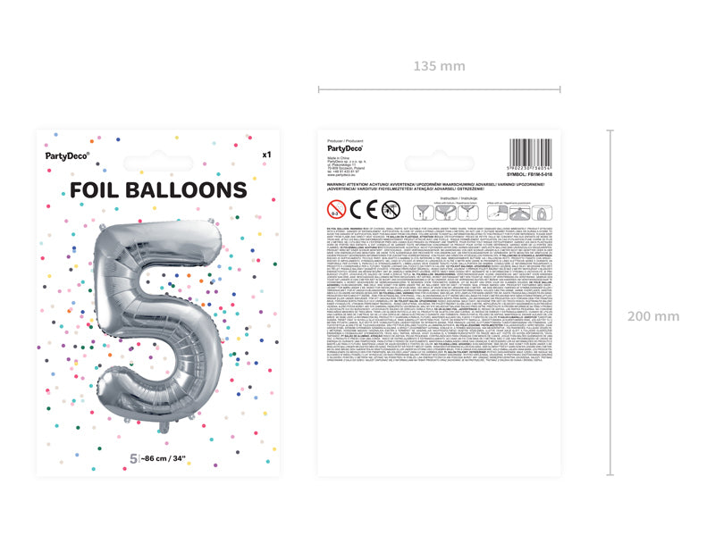 PartyDeco Folienballon Zahl 5 – Silber – 86 cm – 1 Stk