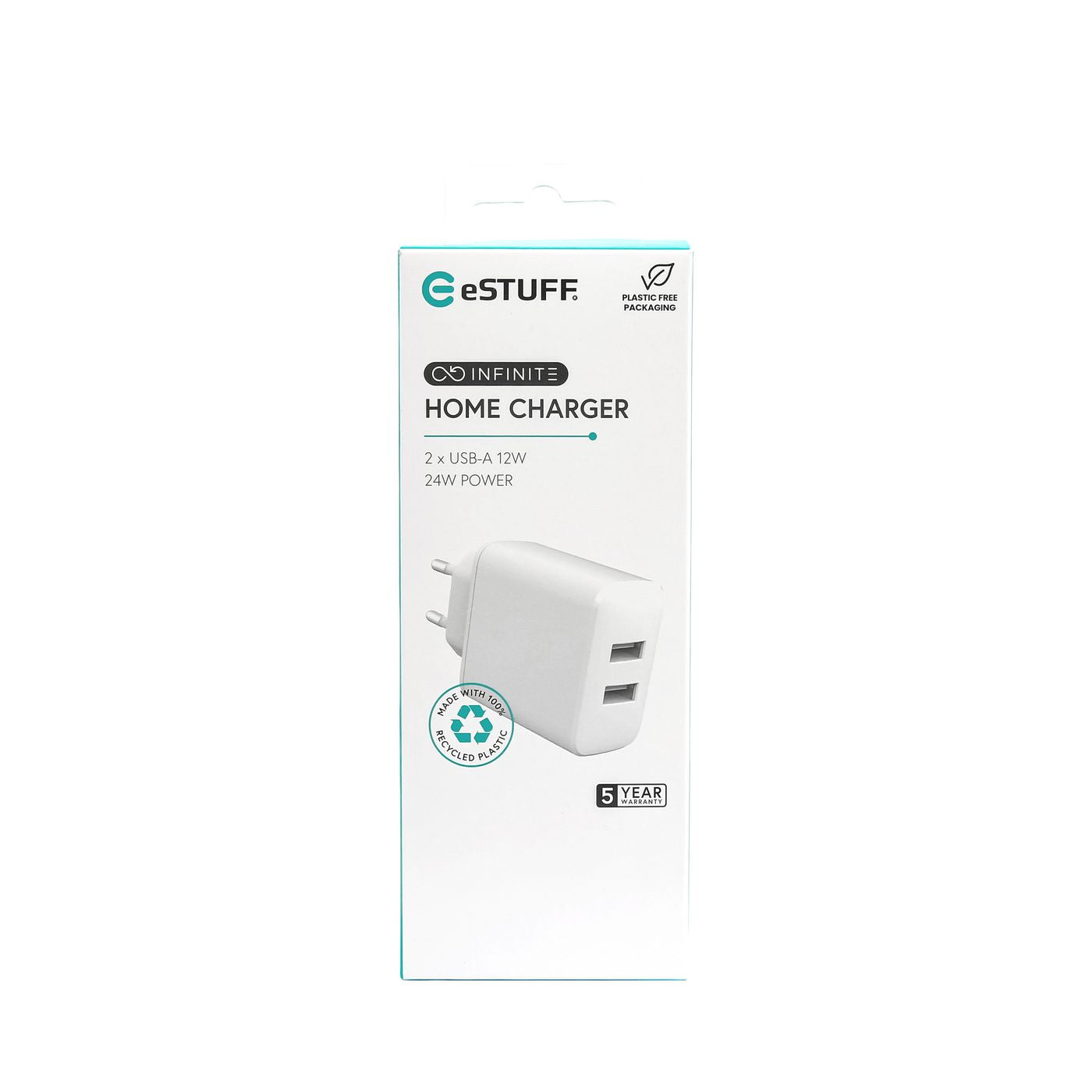 eSTUFF INFINITE (GRS) USB-Ladegerät 24 W – USB-A×2 – EU-Stecker (Typ C) – Weiss