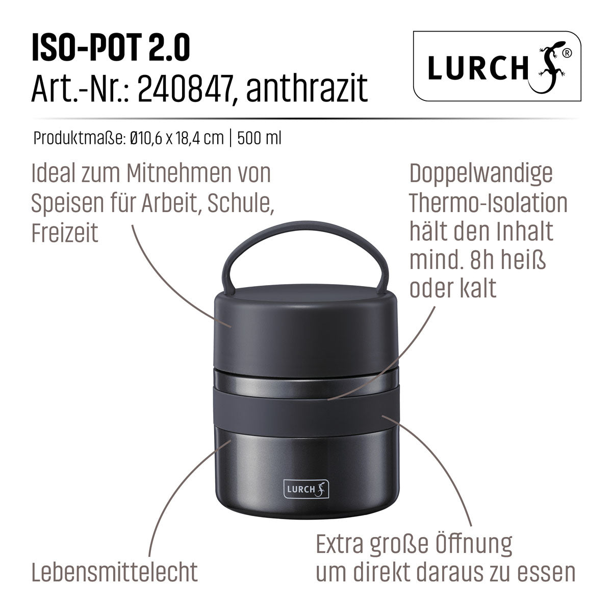 Lurch Thermobox Iso-Pot 2.0 – 500 ml, Ø 11.0 cm, Edelstahl, Schwarz, mit Deckel, vakuumisoliert, auslaufsicher