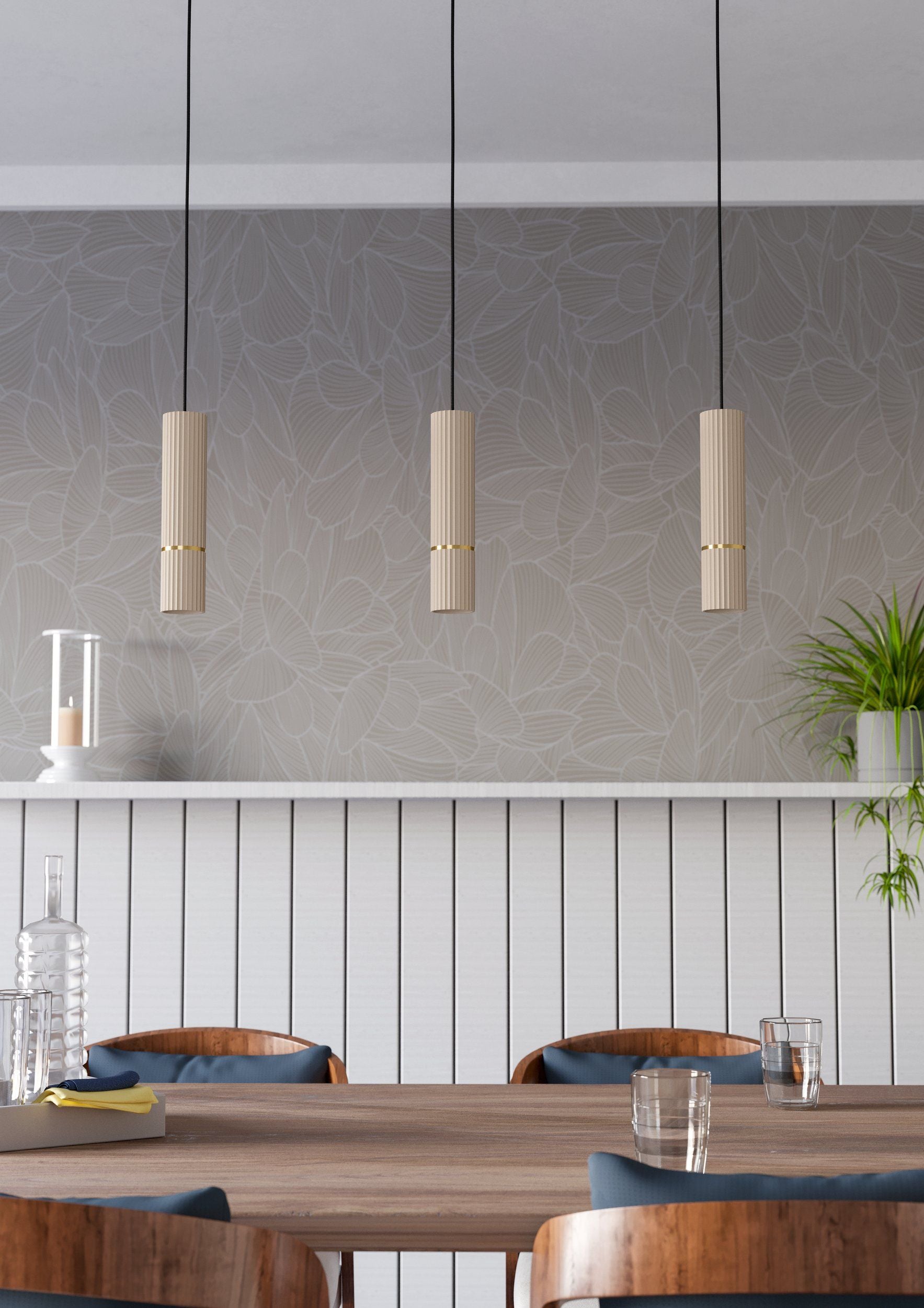 EGLO Pendelleuchte CAMINIA – 77 × 9 × 110 cm, 1035 lm, 14,1 W, 3000 K, beige/ messing, höhenverstellbar