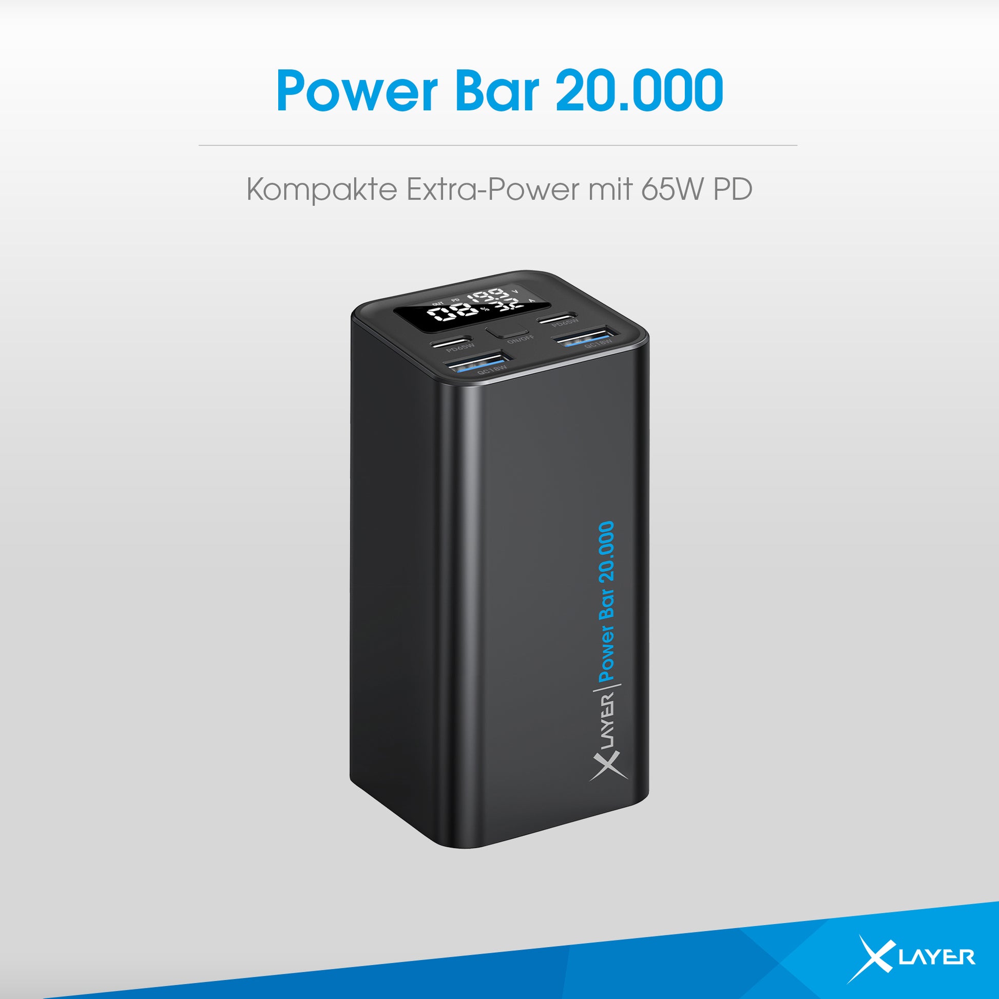 Xlayer Powerbank 20'000 mAh – 65 W PD, 2× USB-C, 2× USB-A, schwarz