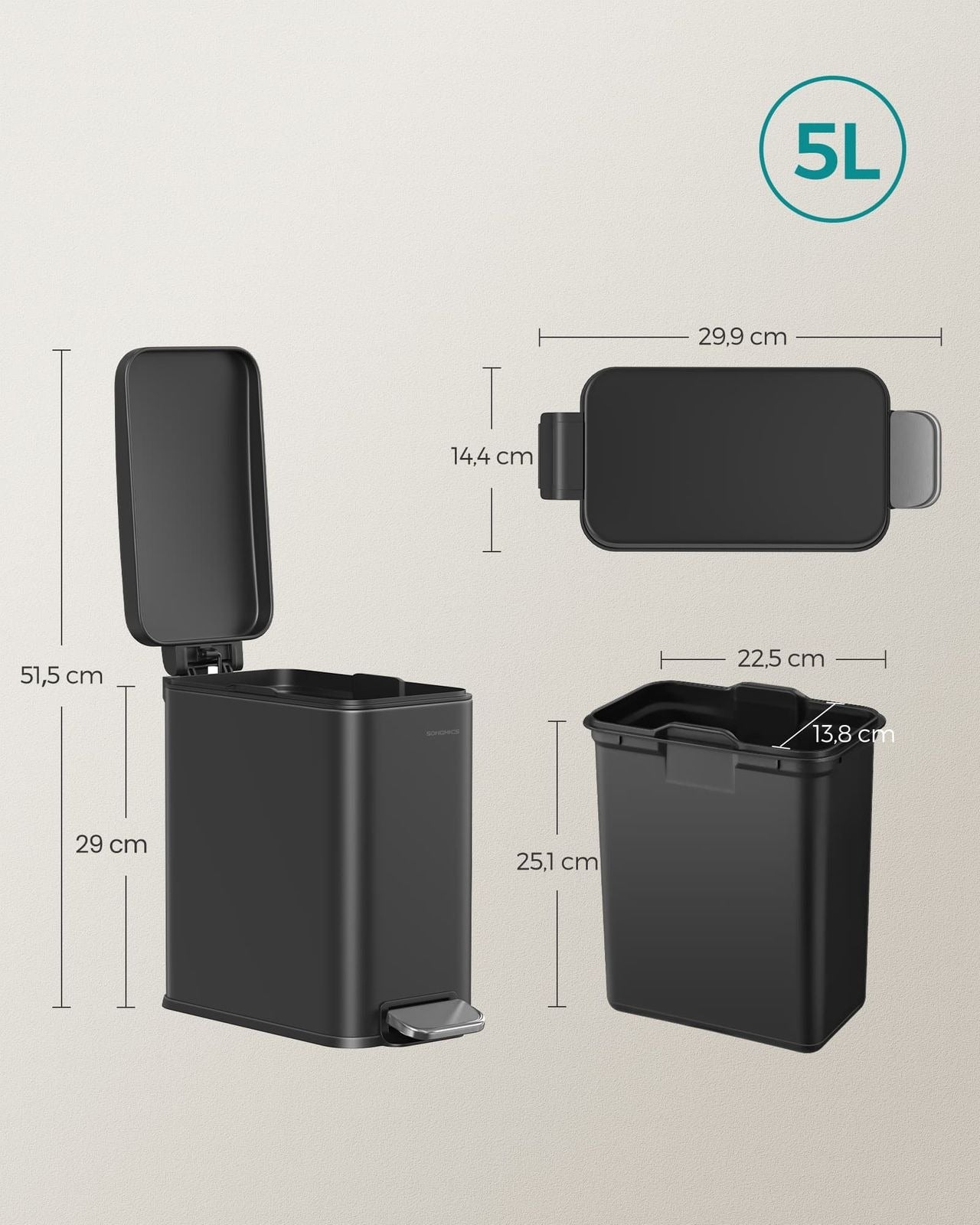 Songmics Tisch-Abfallbehälter – 5 l, mit Deckel, Stahl, schwarz – B × H × T 144 × 290 × 299 mm