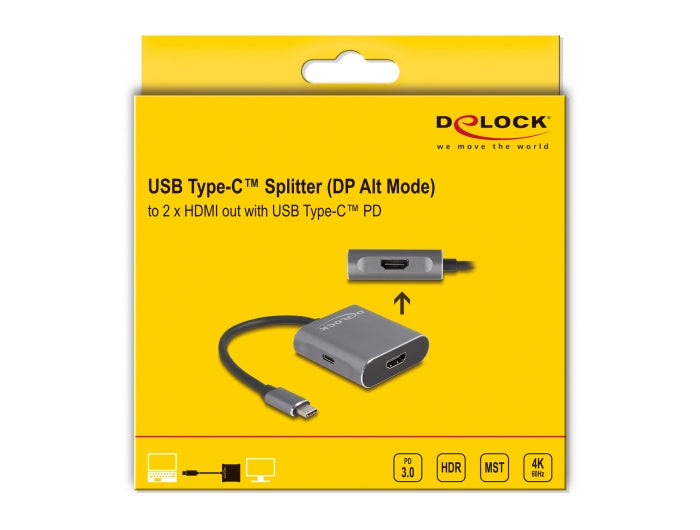 Delock – USB-C-Splitter, USB-C zu 2× HDMI (MST), aktiv, PD