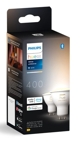 Philips Hue Smart-Leuchtmittel GU10 – 2200–6500 K, 400 lm, 4,2 W, Bluetooth/Zigbee – 2 Stk. – White Ambiance
