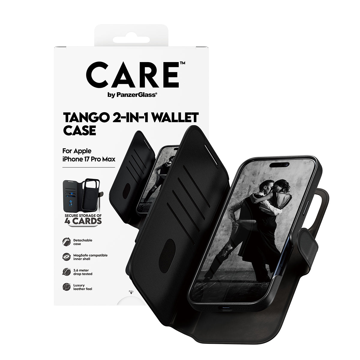 PanzerGlass Booklet-Hülle Tango – für Apple iPhone 17 Pro Max – schwarz – Kunstleder, MagSafe-kompatibel