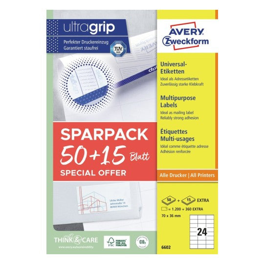 Avery Druckeretiketten, 70 mm × 36 mm, weiss, Papier, permanent, 65 Blatt (1560 Etiketten)