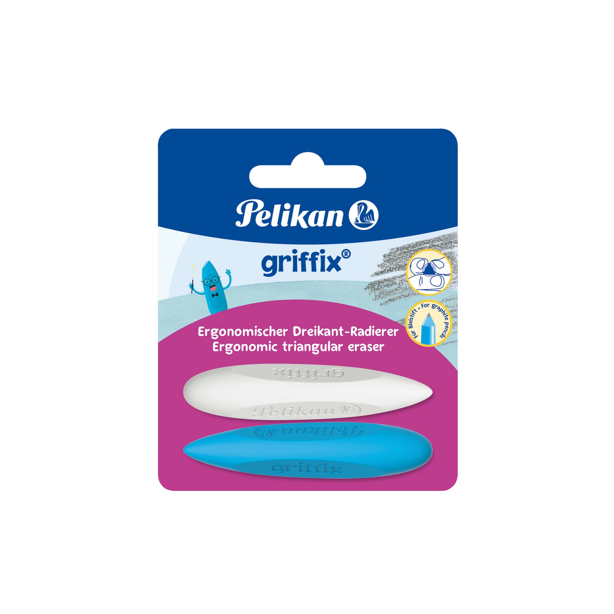 Pelikan Radierstift Griffix 605311 – Dreikantgriff, präzise & abgerundete Spitze, weiss & blau, 2 Stk.
