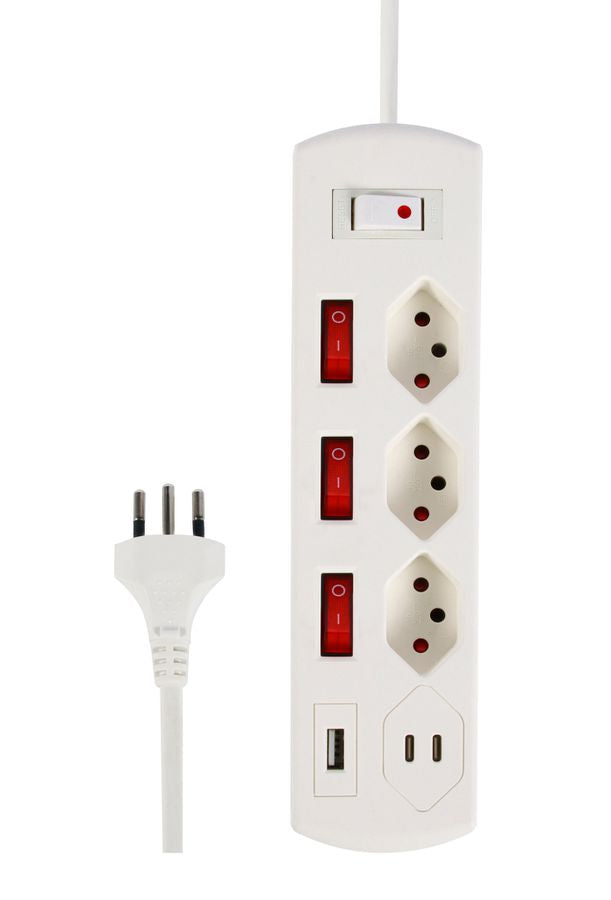 M. Schönenberger Schönenberger Principio+ Steckdosenleiste – 3×T13, 1×USB‑A 20 W + 2×USB‑C PD 15 W, mit Schalter, 2 m – Weiss