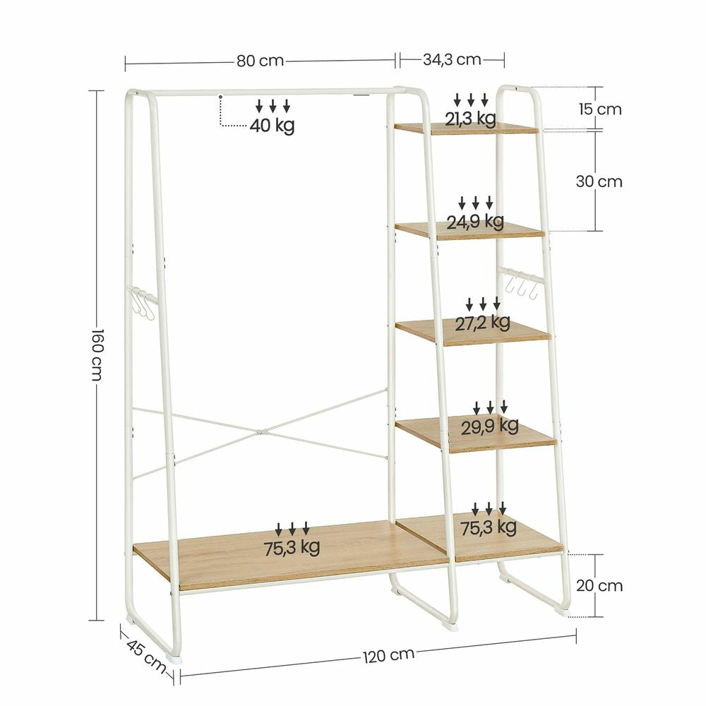 Vasagle Garderobe mit Schuhregal – 6 Haken, Stahl/Spanplatte, Braun/Natur, 120 × 45 × 160 cm