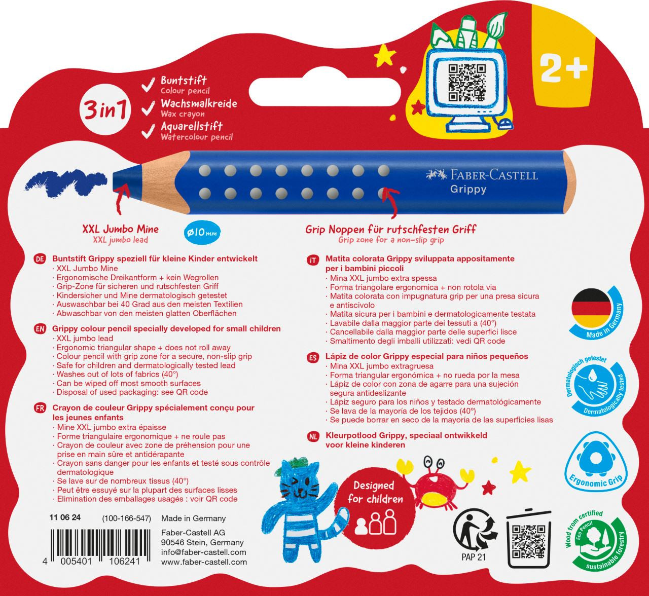 Faber-Castell 3-in-1 Farbstifte Grippy – 10 Farben, im Kartonetui, Ø 3 mm, dreikantig