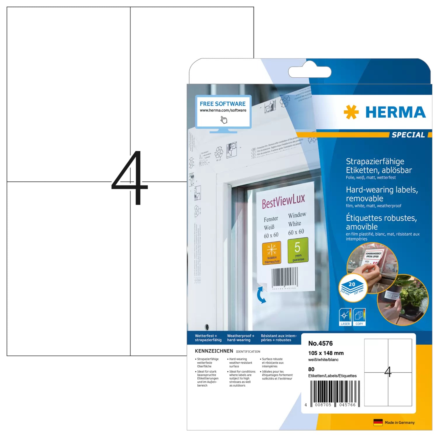 HERMA Drucketiketten, 105 mm × 148 mm, weiss, Folie, extra stark, 20 Blatt (80 Etiketten)