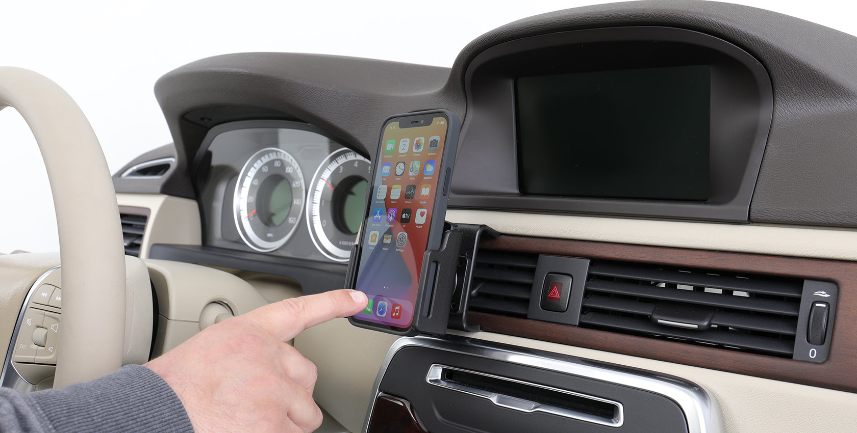 Brodit Auto-Halterung, Schraubbefestigung, 360° drehbar, neigbar – für iPhone 12–15 – Schwarz