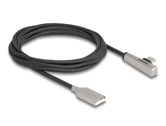 DeLOCK USB-A auf USB-C Kabel – USB 2.0 (480 Mbit/s) – 2 m – PD 60 W – Abgewinkelt, Textilmantel – Schwarz
