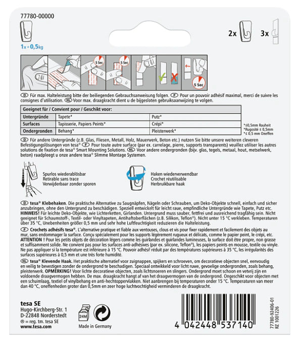 TESA Klebehaken – Kunststoff, weiss, 12 × 14 × 2,0 cm – 2er-Pack