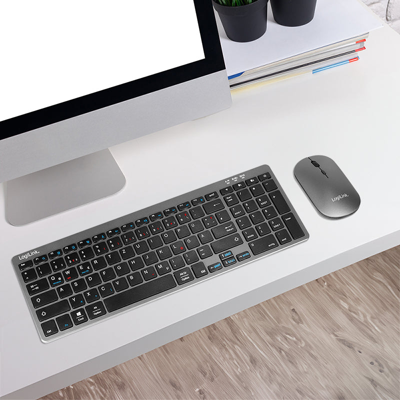 LogiLink Tastatur-Maus-Set – Bluetooth & 2,4 GHz – QWERTZ (DE) – Grau/Anthrazit