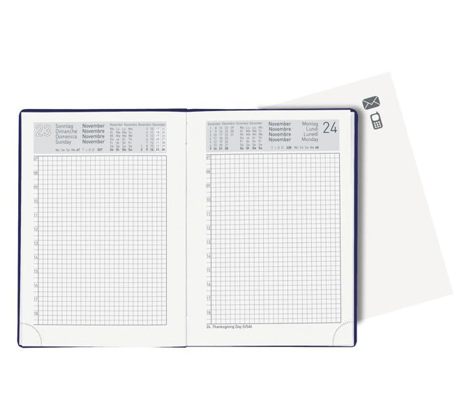 Biella Technikus Agenda – 1 Tag pro Seite, gebunden, 10,1 × 14,2 cm, 2026, 1-Stunden-Takt, Dunkelblau, FSC