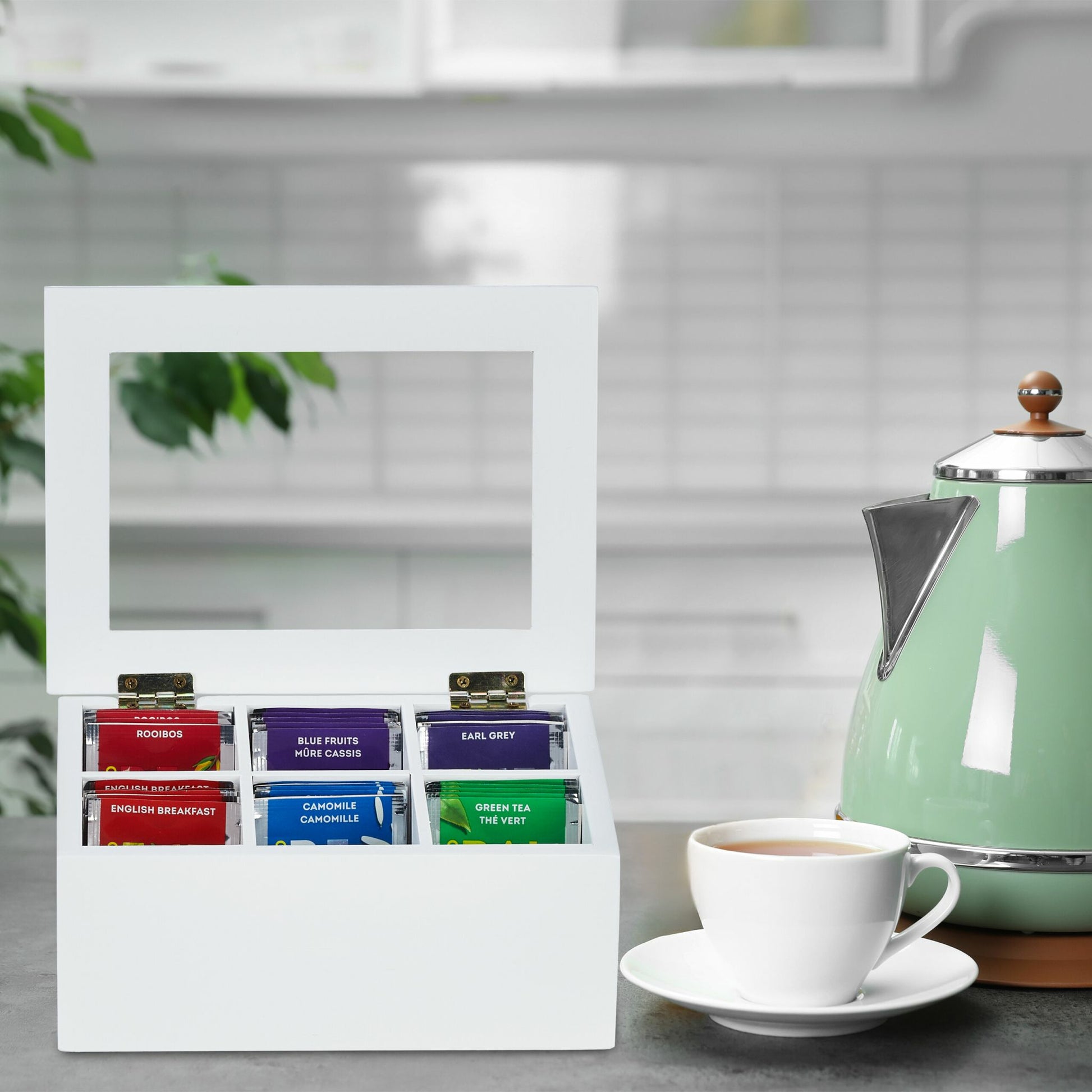 Relaxdays Teebeutelbox Bambus/Kunststoff, 6 Fächer, Weiss