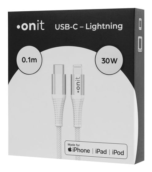 ONIT USB-Kabel – USB-C auf Lightning – USB 2.0 (480 Mbit/s) – 0,1 m – PD 30 W – Geflochten – Weiss