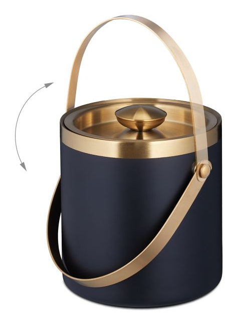 Relaxdays Eiswürfelbehälter – Ø 15 × 17 cm, 1,5 l, Edelstahl/Silikon, Schwarz/Gold, 100 Eiswürfel, mit Deckel