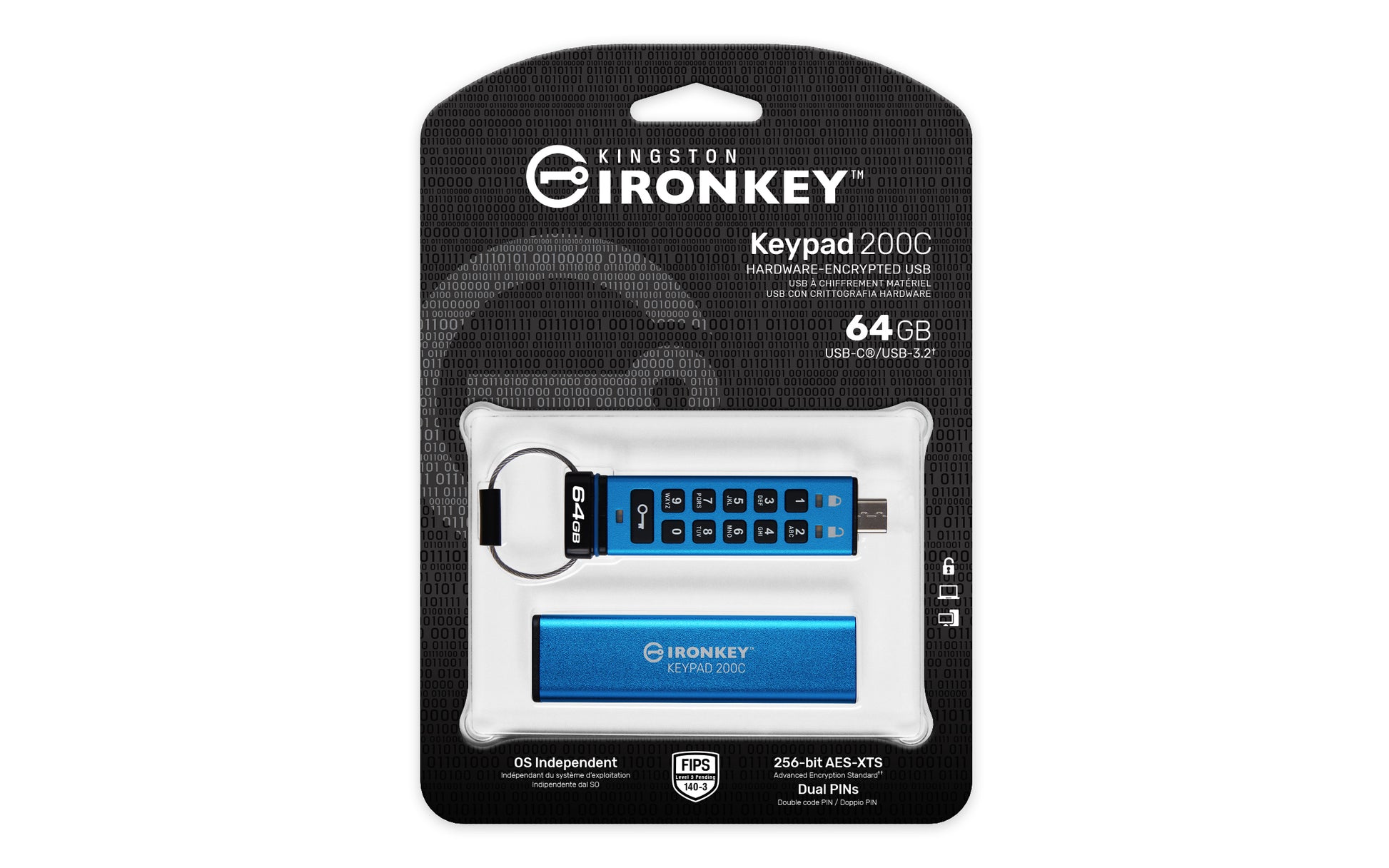 Kingston Technology Kingston IronKey Keypad 200C USB-Stick – 64 GB, USB-C, FIPS 140-3 Level 3 (ausstehend); AES-256